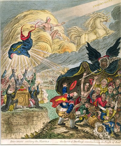 Discipelen vangen de mantel: de geest van duisternis overschaduwt de priesters van Baäl, gepubliceerd door Hannah Humphrey in 1808 door James Gillray